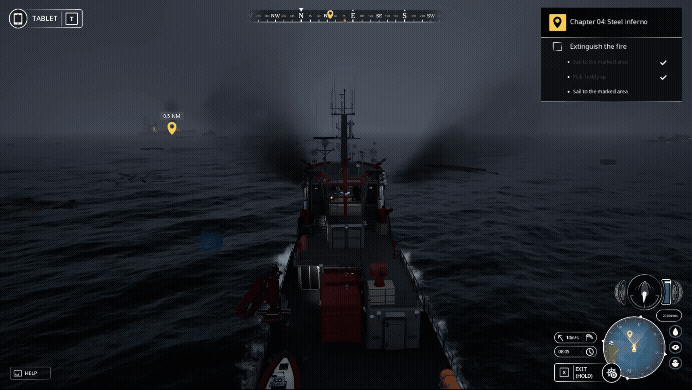 Seafarer: The ship sim, story campaign mission 4 firefighting vessel sailing througgh debris